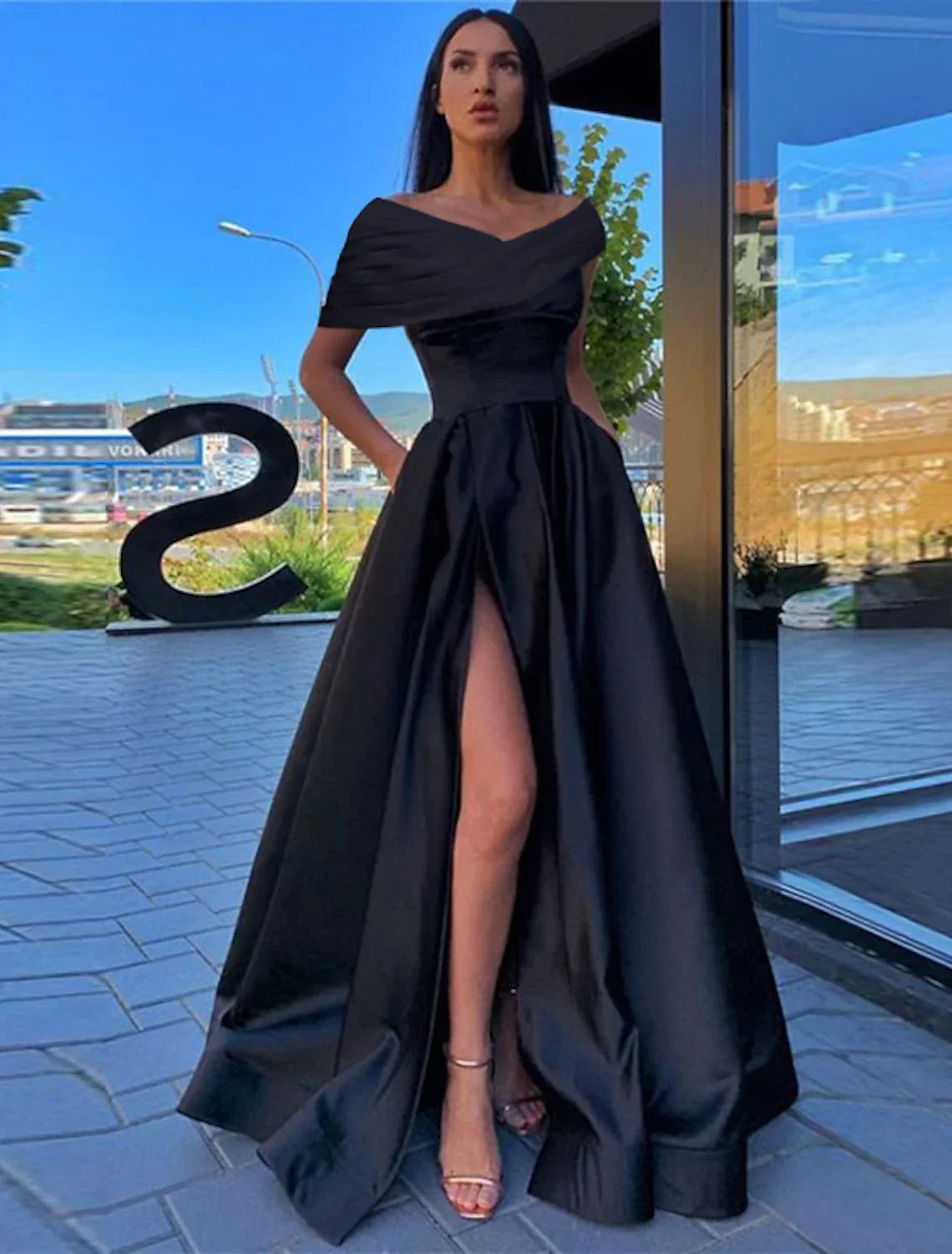 Black Off-the-Shoulder Satin A-Line Evening Gown with High Slit