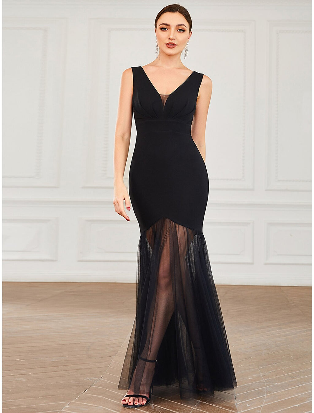 Black Crepe Mermaid Floor-Length Dress with V-Neck and Pleated Bodice & Sheer Tulle Skirt