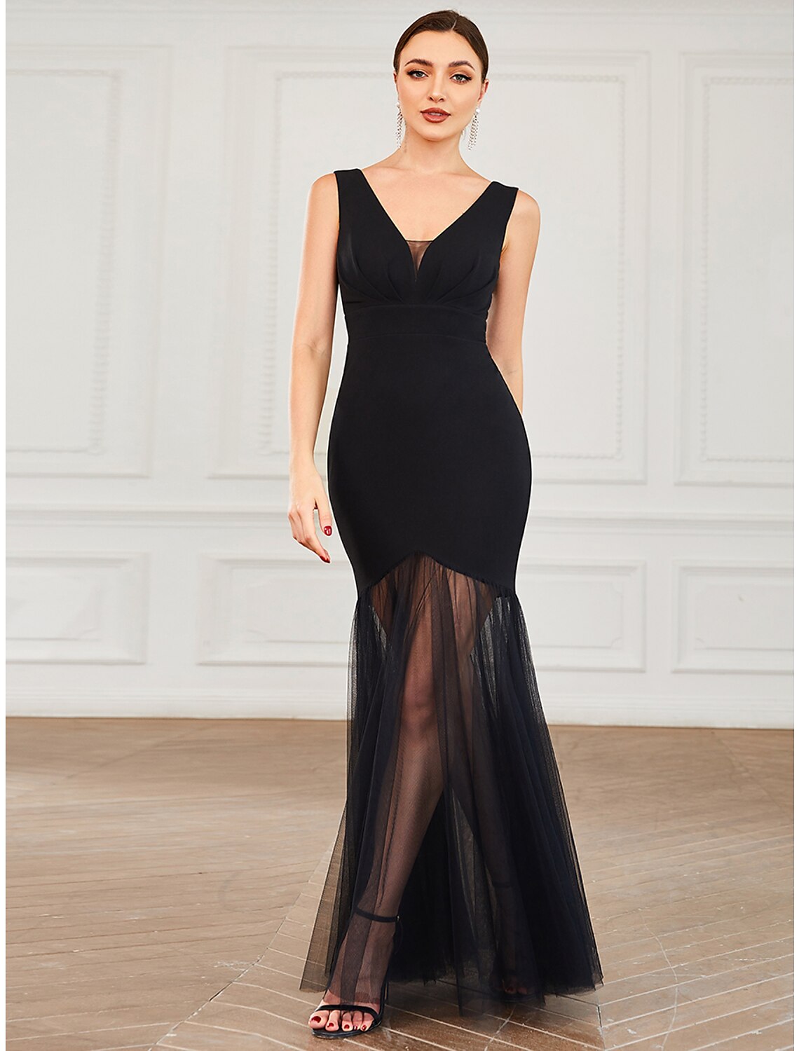 Black Crepe Mermaid Floor-Length Dress with V-Neck and Pleated Bodice & Sheer Tulle Skirt