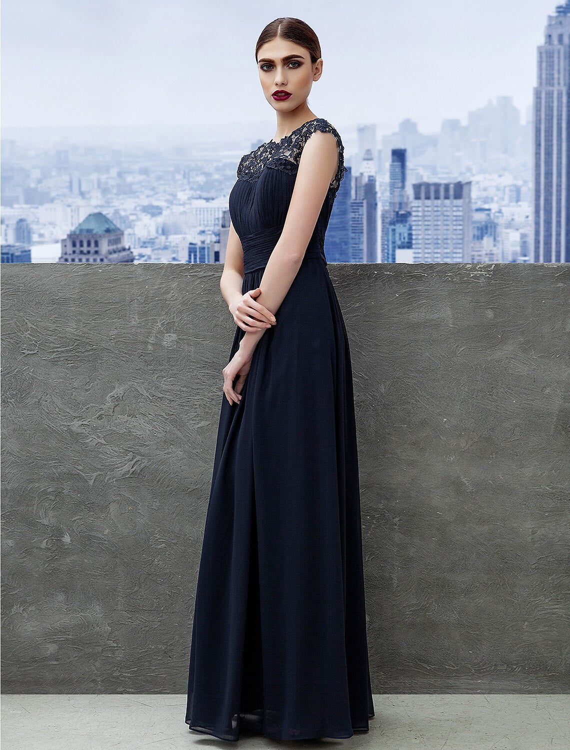 Dark Navy Chiffon A-Line Floor-Length Dress with Lace Overlay Bodice