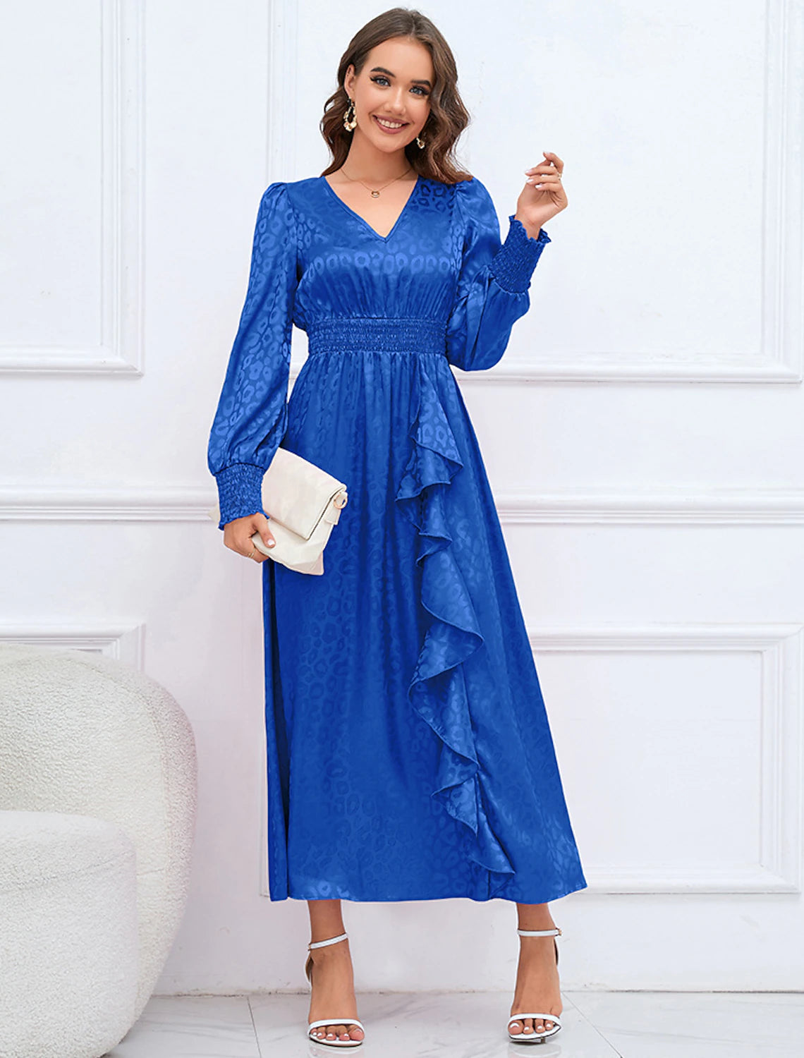 Royal Blue Satin A-Line Tea-Length Dress with Shirred Waist