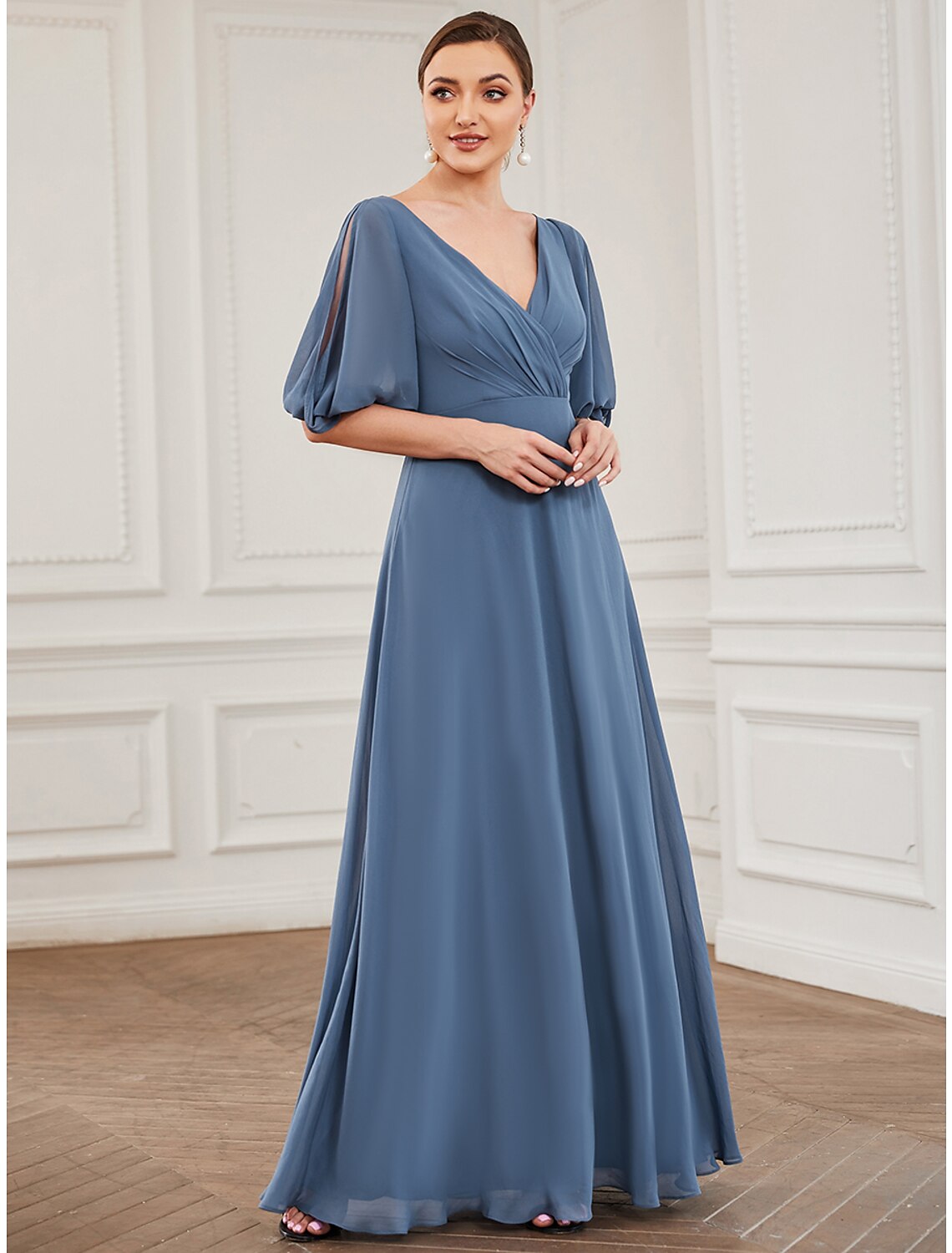 Dusty Blue Chiffon A-Line Floor-Length Bridesmaid Dress - Draped V-Neck & Flutter Sleeves