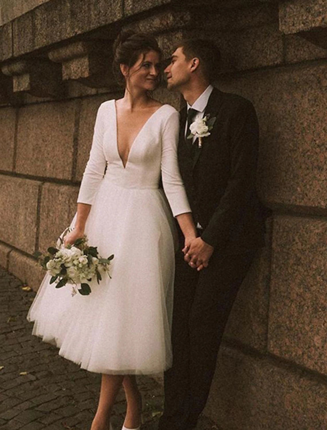Ivory Crepe A-Line Tea-Length Bridesmaid Dress with Deep V-Neck