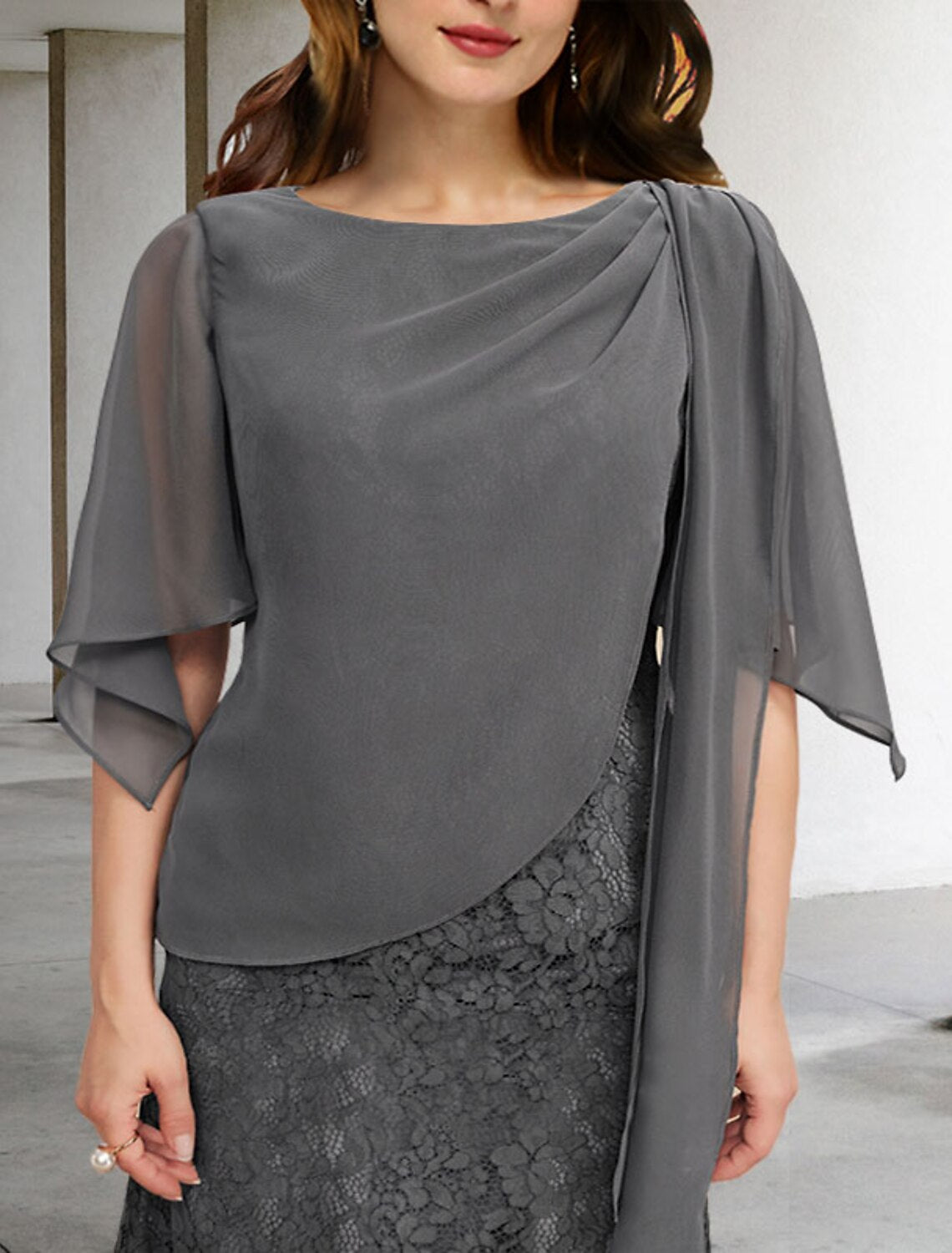 Vestido de madre de la novia de talla grande con corte tubo y escote en V profundo, elegante, formal, largo hasta el suelo, media manga, cuello joya, gasa con empalme