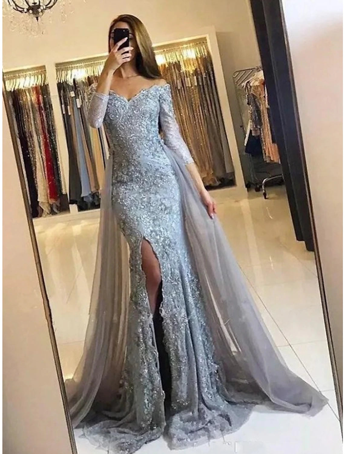Black Sequin Mermaid Off-the-Shoulder Floor-Length Dress