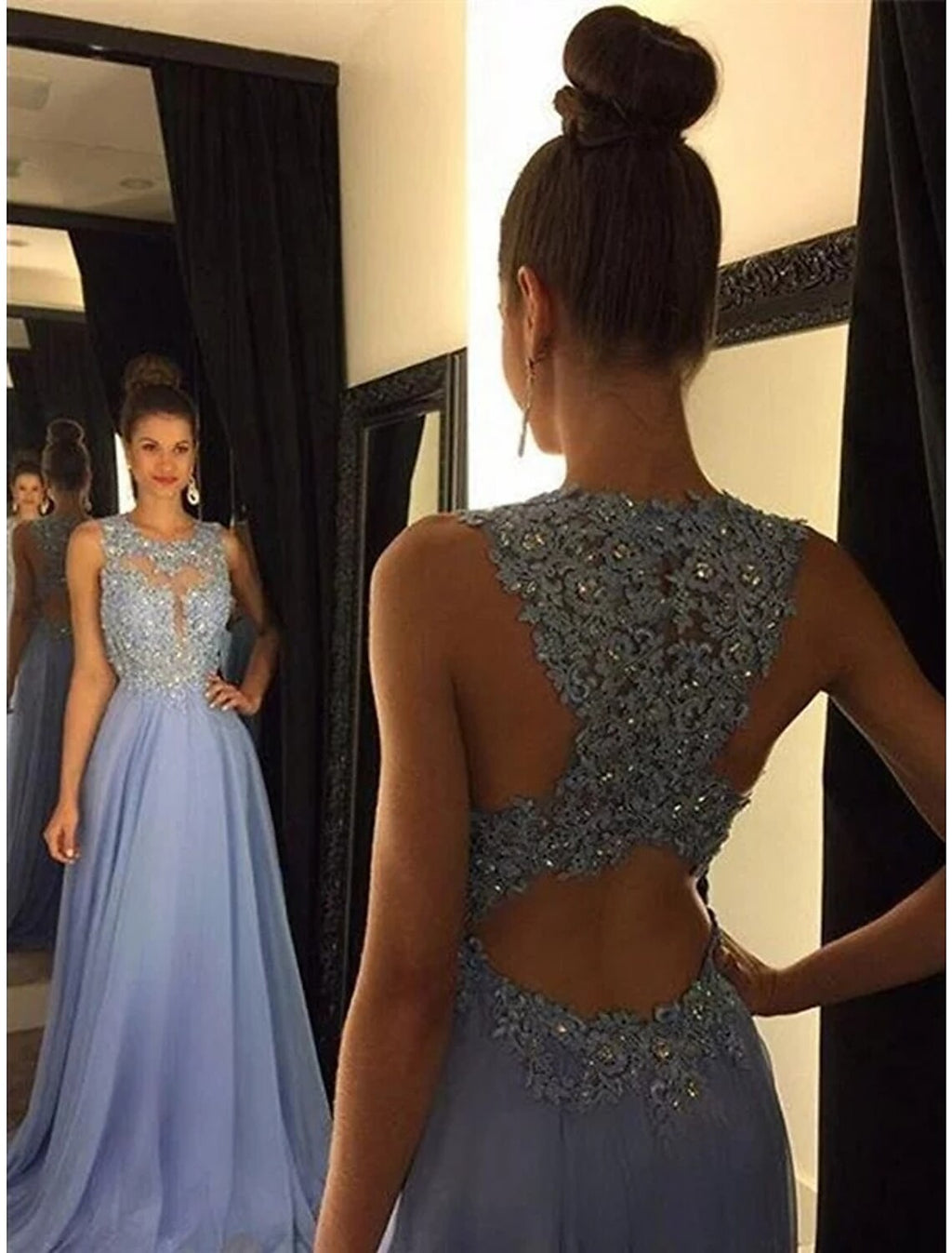 Vestido de noche formal de corte imperio, corte A, escote joya, sin mangas, cola larga de gasa con apliques de cuentas