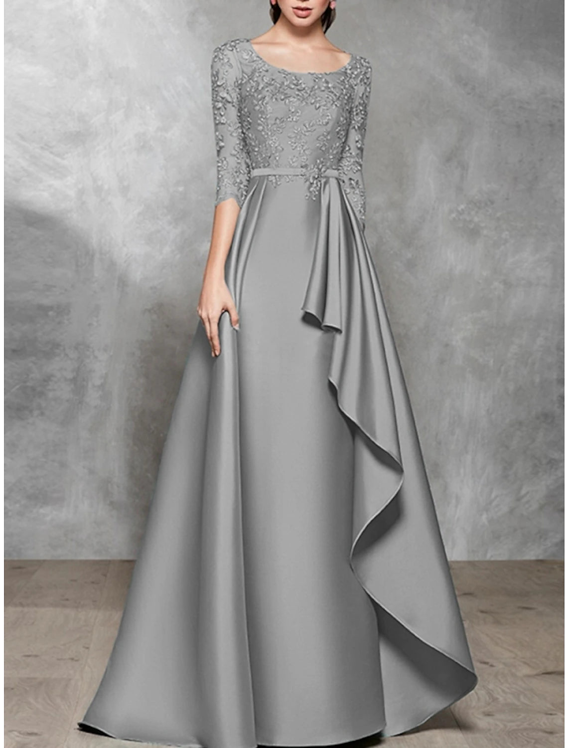 Abito da sera a trapezio, abito nero, taglie forti, elegante, formale, da sposa, lungo, manica corta, scollo a barchetta, in raso con pieghe, 2025