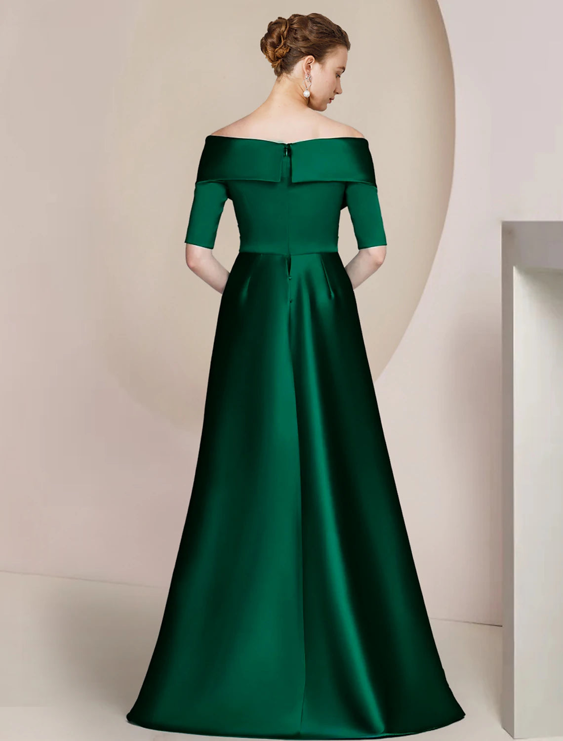 Emerald Green Satin Off-the-Shoulder A-Line Floor-Length Evening Dress