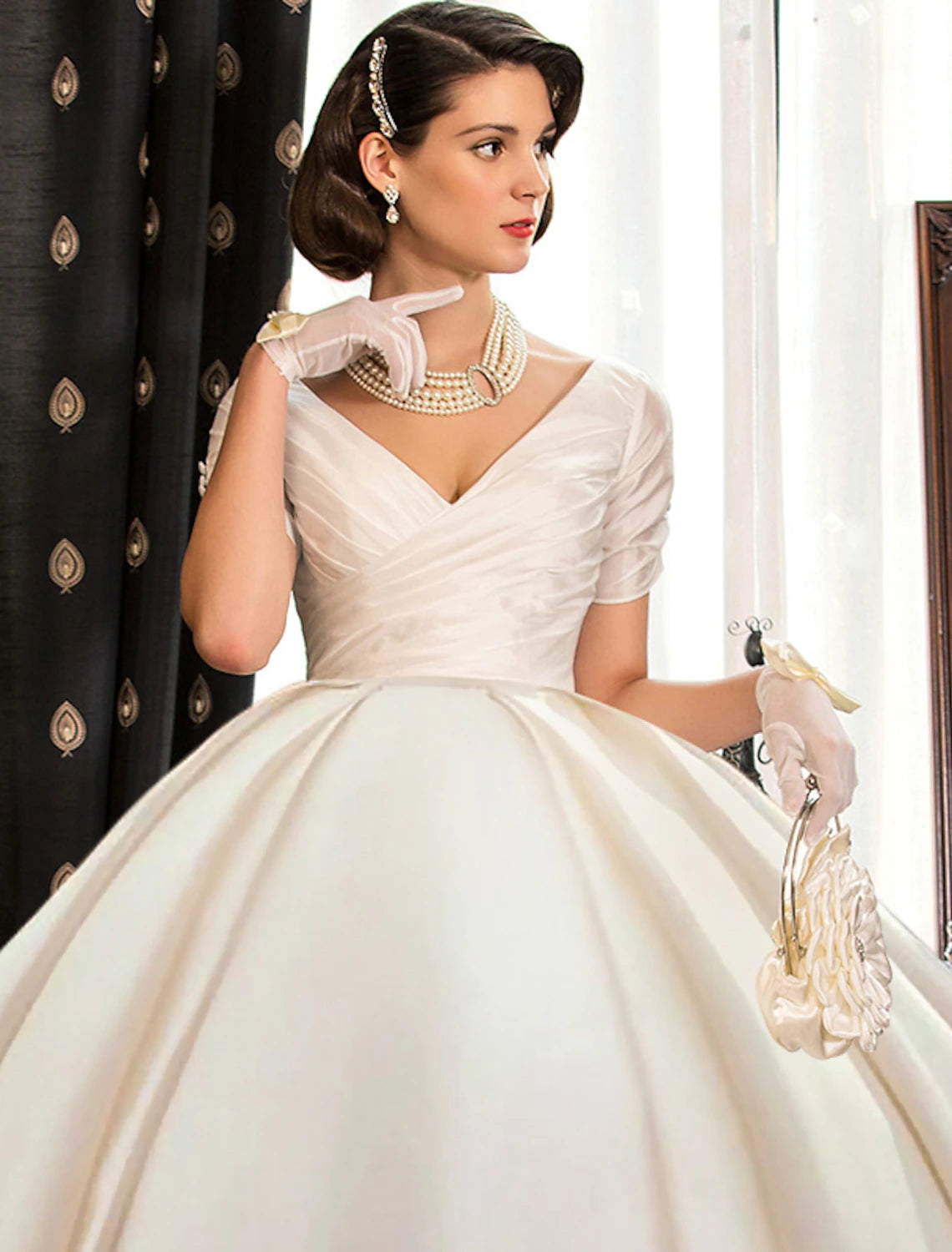 Ivory Satin A-Line V-Neck Floor-Length Evening Dress with Draped Bodice