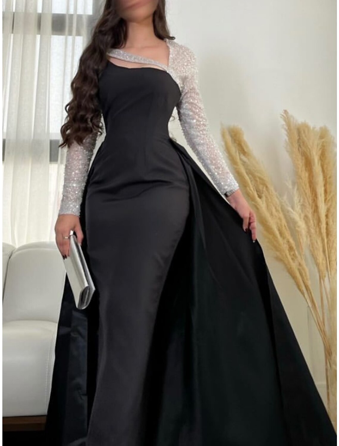 Sheath Evening Gown Elegant Dress Formal Floor Length Black Dress Carival Long Sleeve Scoop Neck Satin with Pleats Sequin