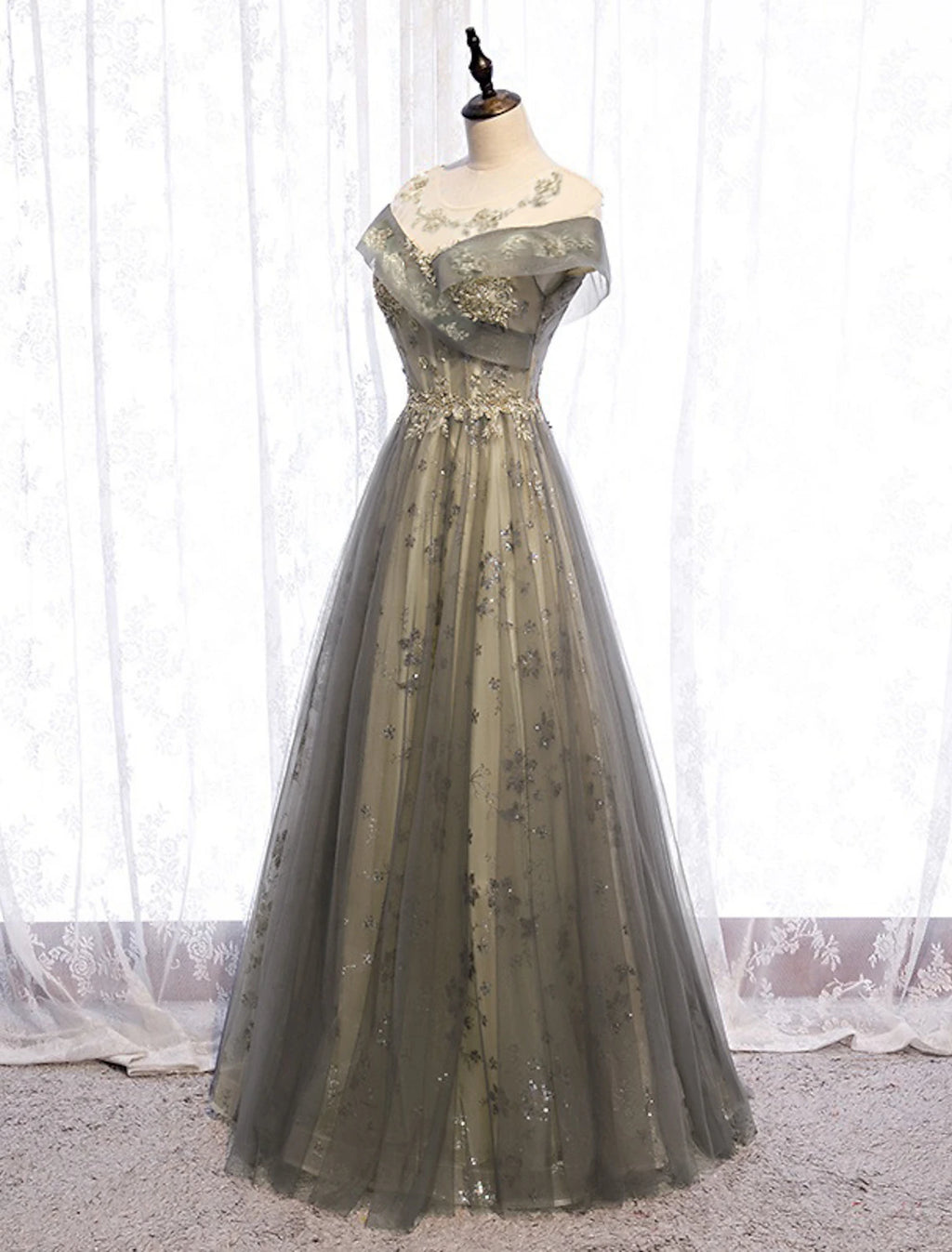 Sage Green Tulle A-Line Floor-Length Evening Dress with Illusion Off-the-Shoulder Neckline and Embroidered Bodice