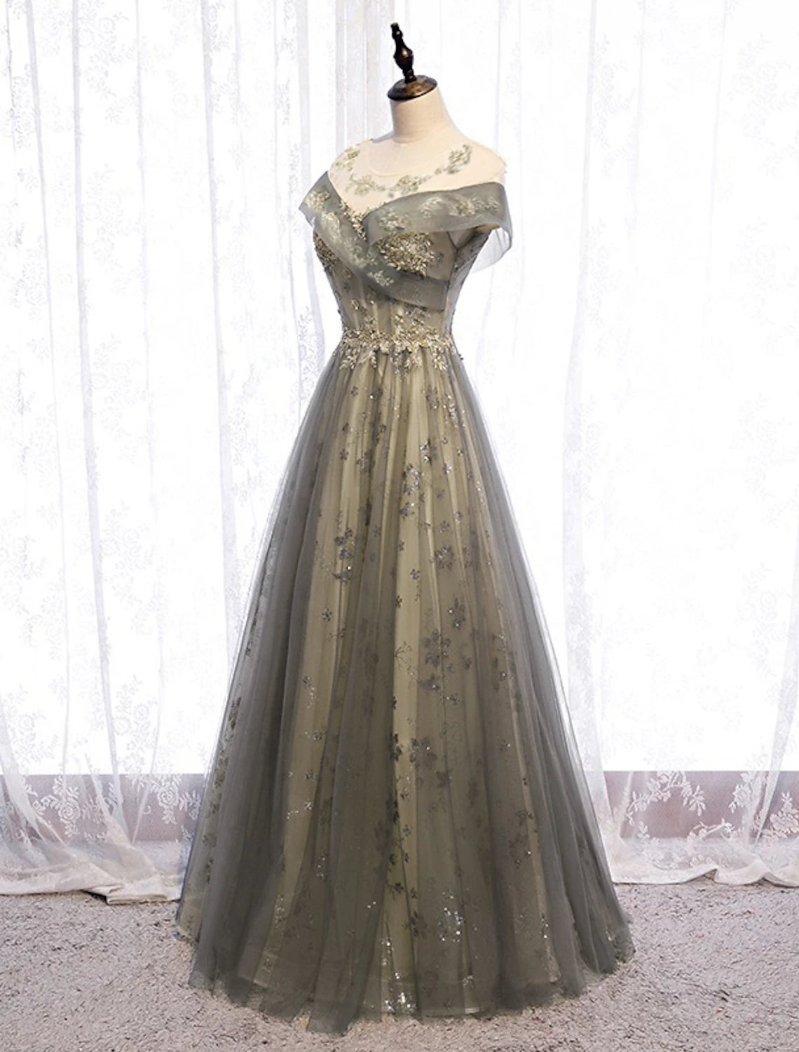 Sage Green Tulle A-Line Floor-Length Evening Dress with Illusion Off-the-Shoulder Neckline and Embroidered Bodice