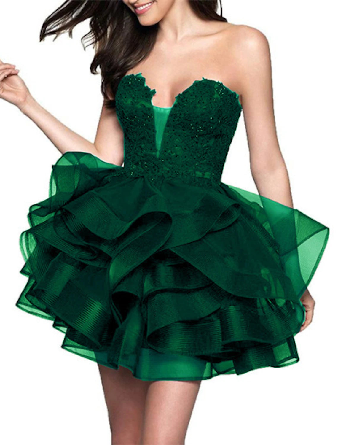 A-Line Minimalist Party Wear Sleeveless Strapless Satin with Appliques Tiered Short/Mini Homecoming Dresses