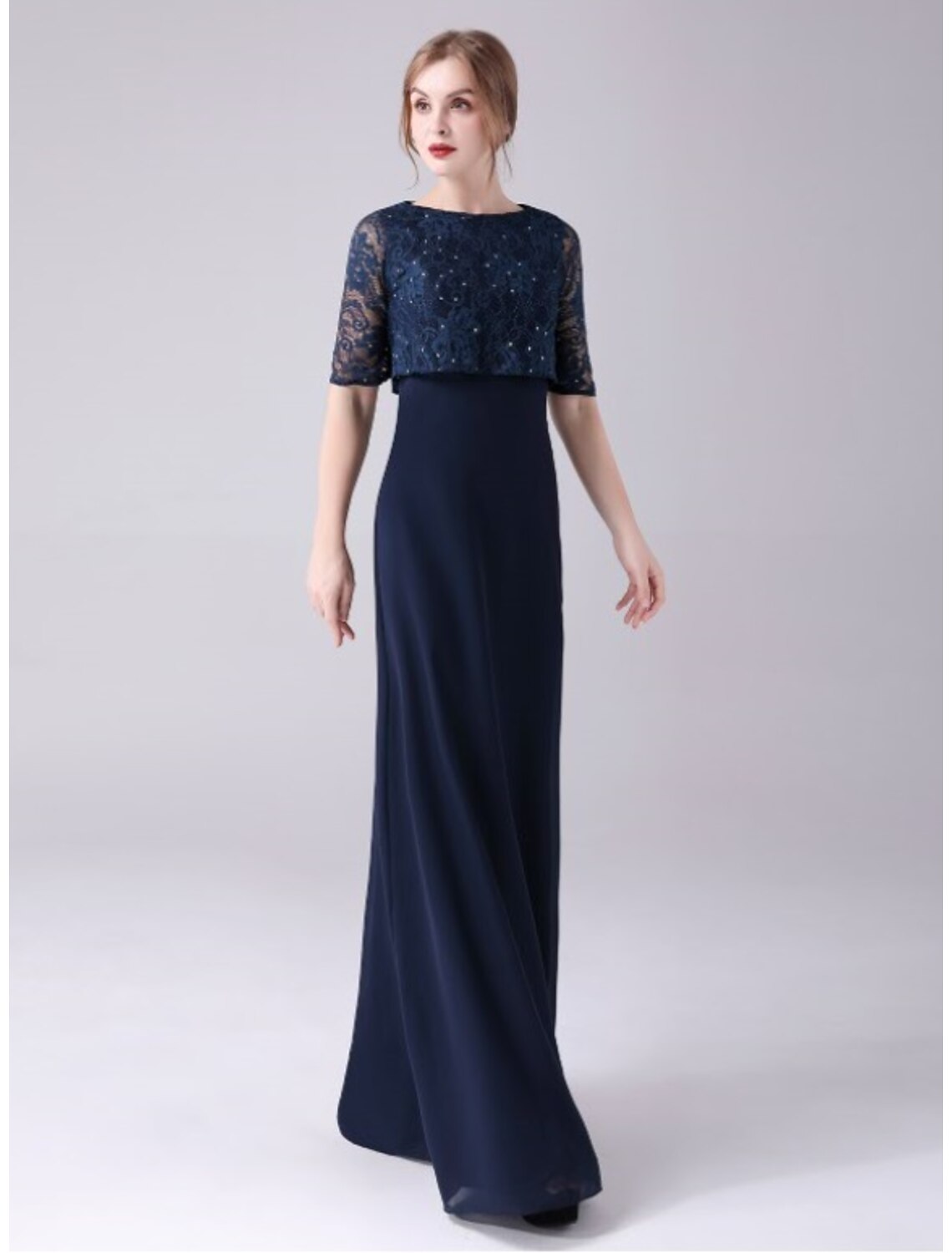 A-Line Mother of the Bride Dress Elegant Sweet Jewel Neck Floor Length Chiffon Half Sleeve with Lace Crystals
