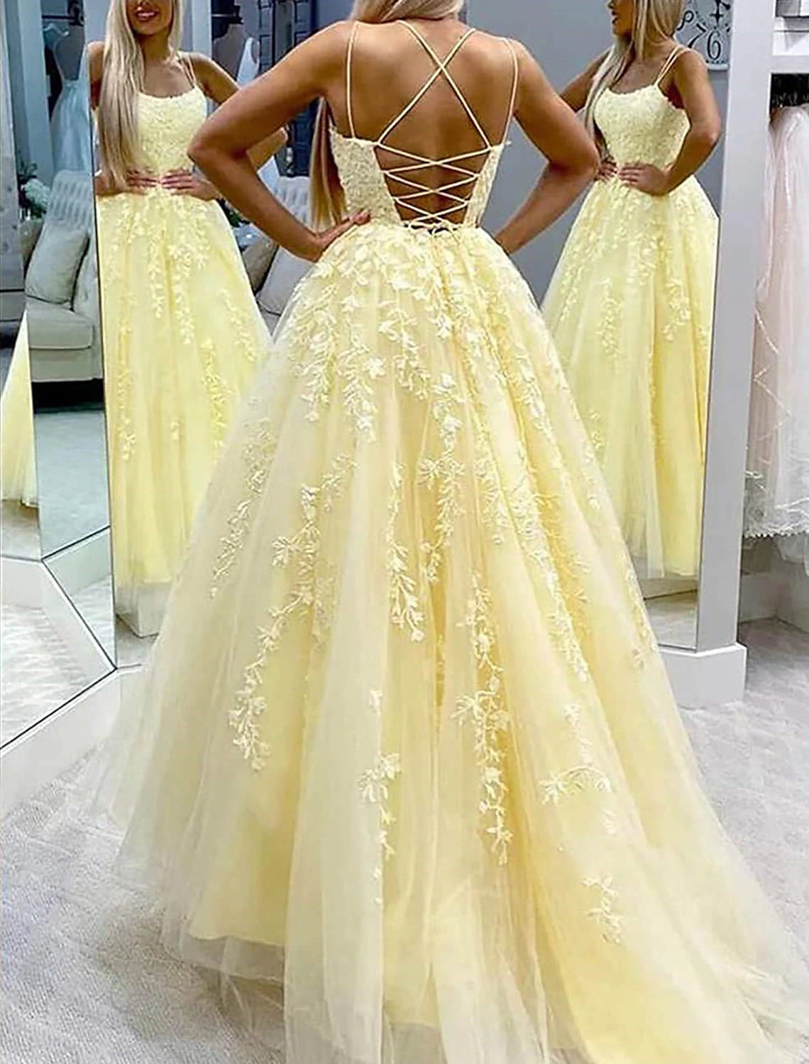 Abiti da ballo a trapezio, abiti floreali, abiti da cerimonia, da ospite, strascico a cappella, senza maniche, spalline sottili, in tulle con applicazioni