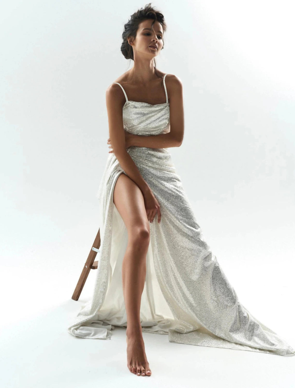 Vestidos de fiesta de sirena/trompeta, vestido brillante, para invitados de boda, fiesta de bodas, largo hasta el suelo, sin mangas, escote redondo, recepción de boda de otoño, tul con fruncido