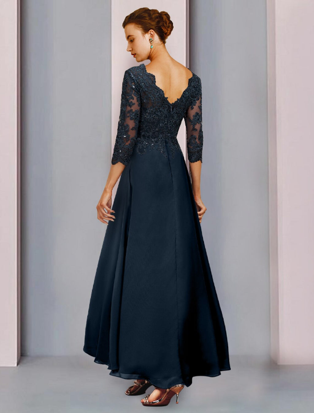 Dark Navy Chiffon Mesh Lace V-Neck A-Line High-Low Evening Dress with Lace Applique Bodice