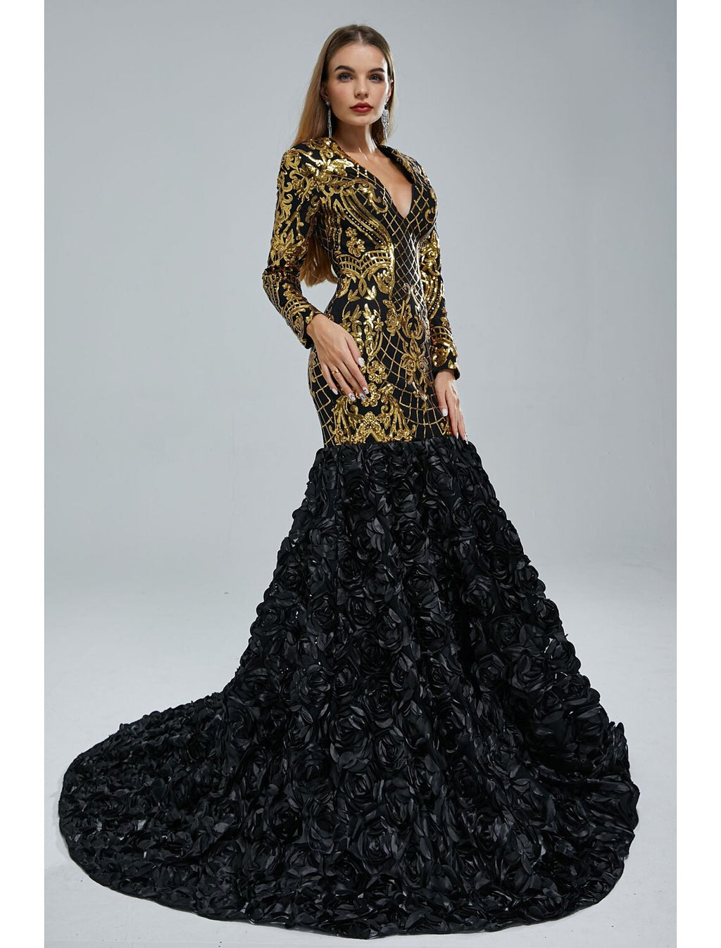 Black Sequin Mermaid V-Neck Floor-Length Evening Dress with Gold Bodice & 3D Floral Skirt