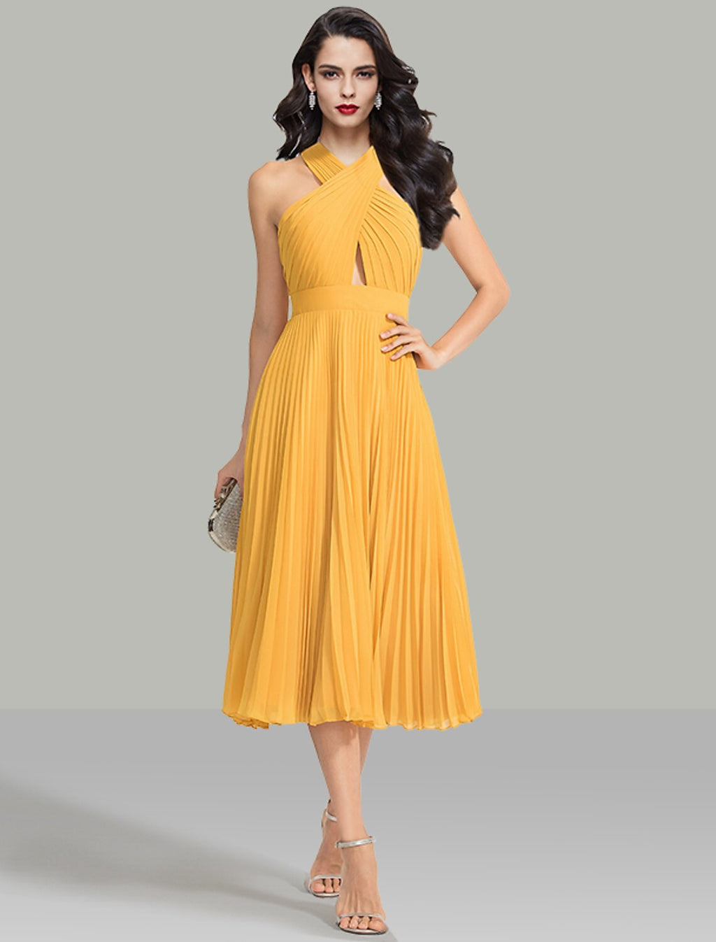 Yellow Chiffon Pleated A-Line Tea-Length Halter Dress