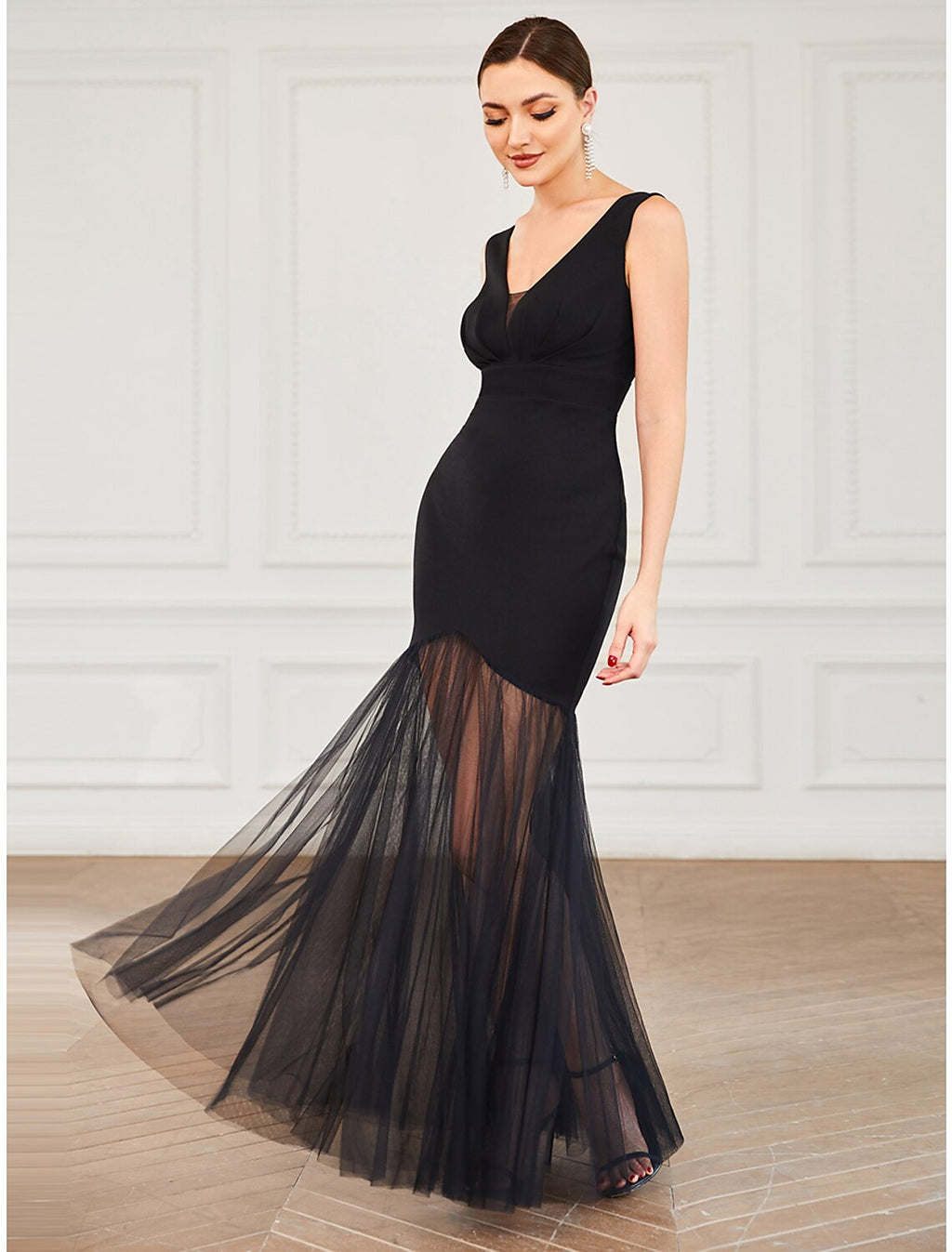 Black Crepe Mermaid Floor-Length Dress with V-Neck and Pleated Bodice & Sheer Tulle Skirt