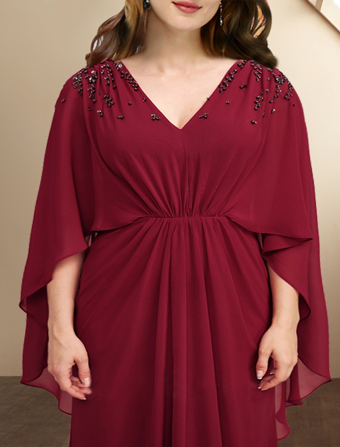 Abiti da sposa a trapezio per la madre della sposa, taglie forti, eleganti, con curve che nascondono la pancia, lunghi fino al pavimento, senza maniche, scollo a V, in chiffon con pieghe e perline.