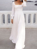 White Crepe A-Line Square Neck Floor-Length Dress with Puffed Long Sleeves