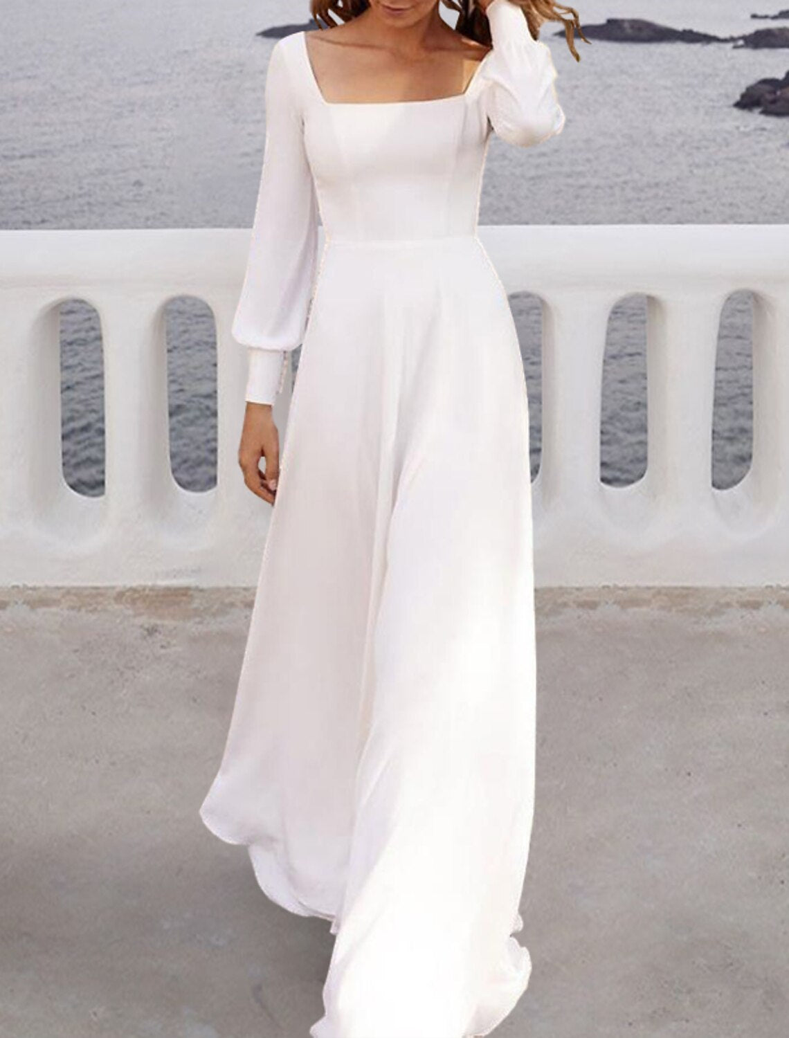 White Crepe A-Line Square Neck Floor-Length Dress with Puffed Long Sleeves
