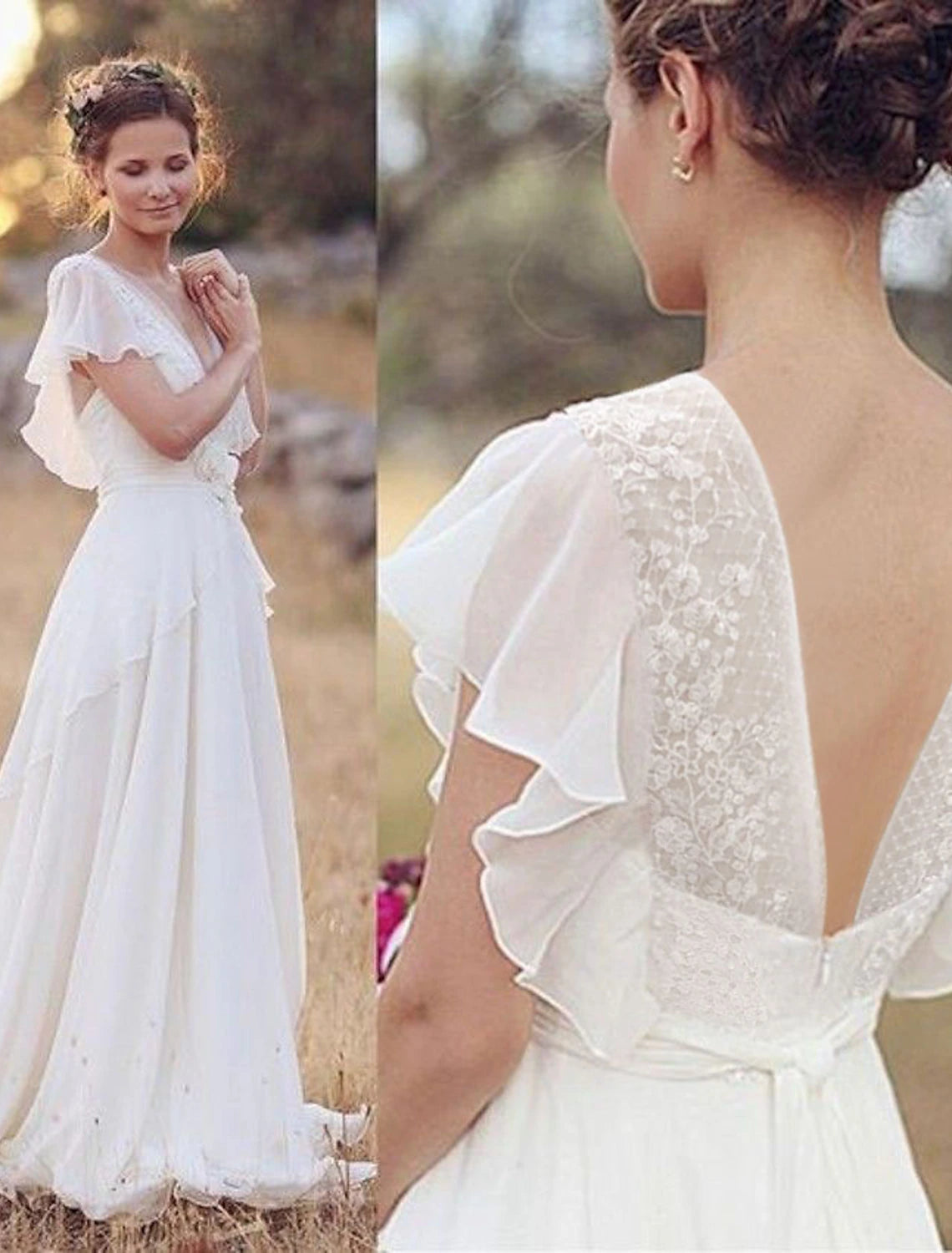 Vestidos de novia bohemios de playa, corte A, escote en V, manga corta, largo hasta el suelo, de gasa, con apliques de cuentas, para bodas de verano.