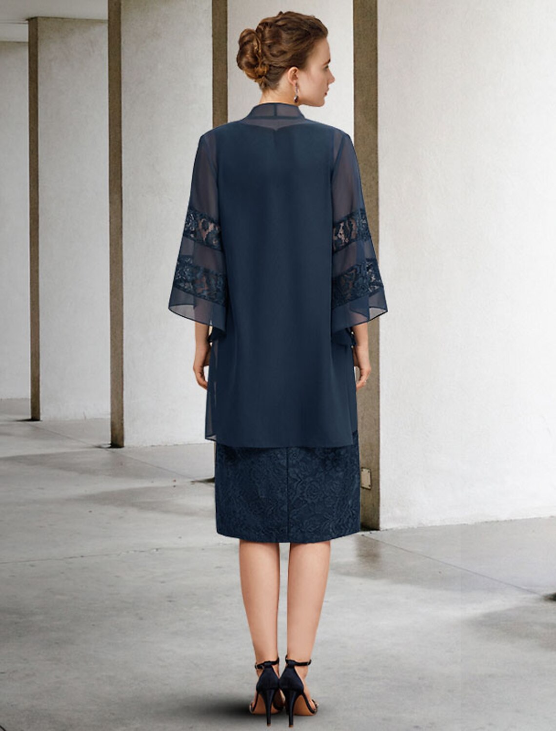 Vestido de dos piezas tipo tubo/columna para madre de la novia, para invitada de boda, talla grande, elegante, cuello joya, largo hasta la rodilla, de gasa, con encaje, sin mangas y apliques de cuentas, para otoño