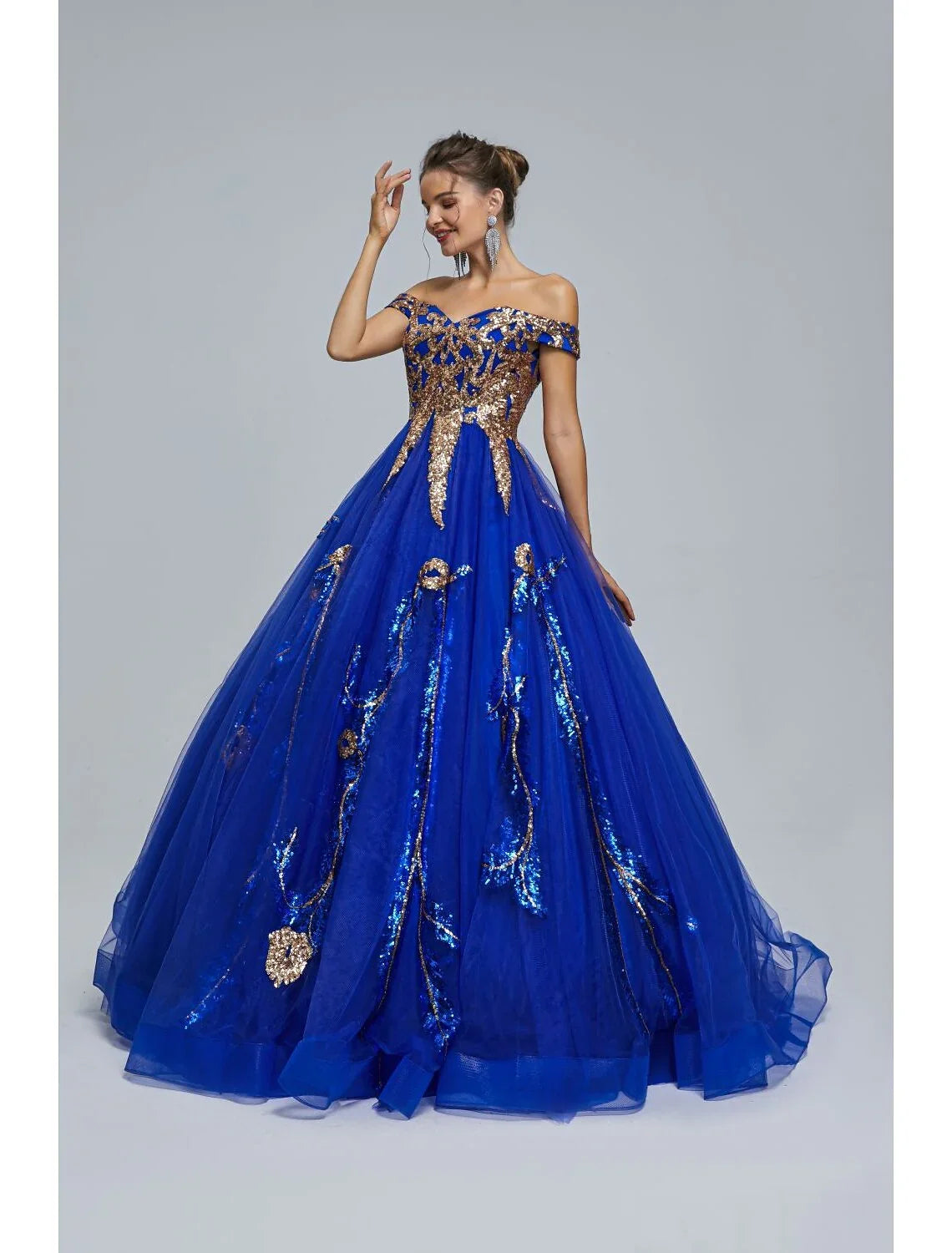 Royal Blue Tulle Ball Gown Floor-Length Evening Dress with Off-the-Shoulder Sweetheart Neckline and Gold Sequin Embellishments