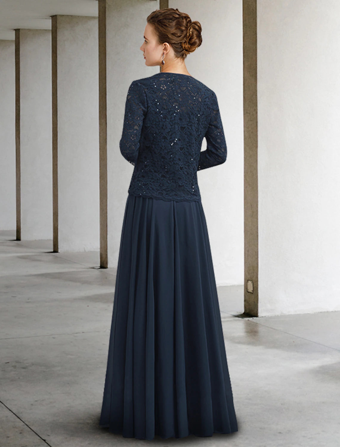Dark Navy A-Line Floor-Length Evening Dress with Square Neck & Lace Jacket