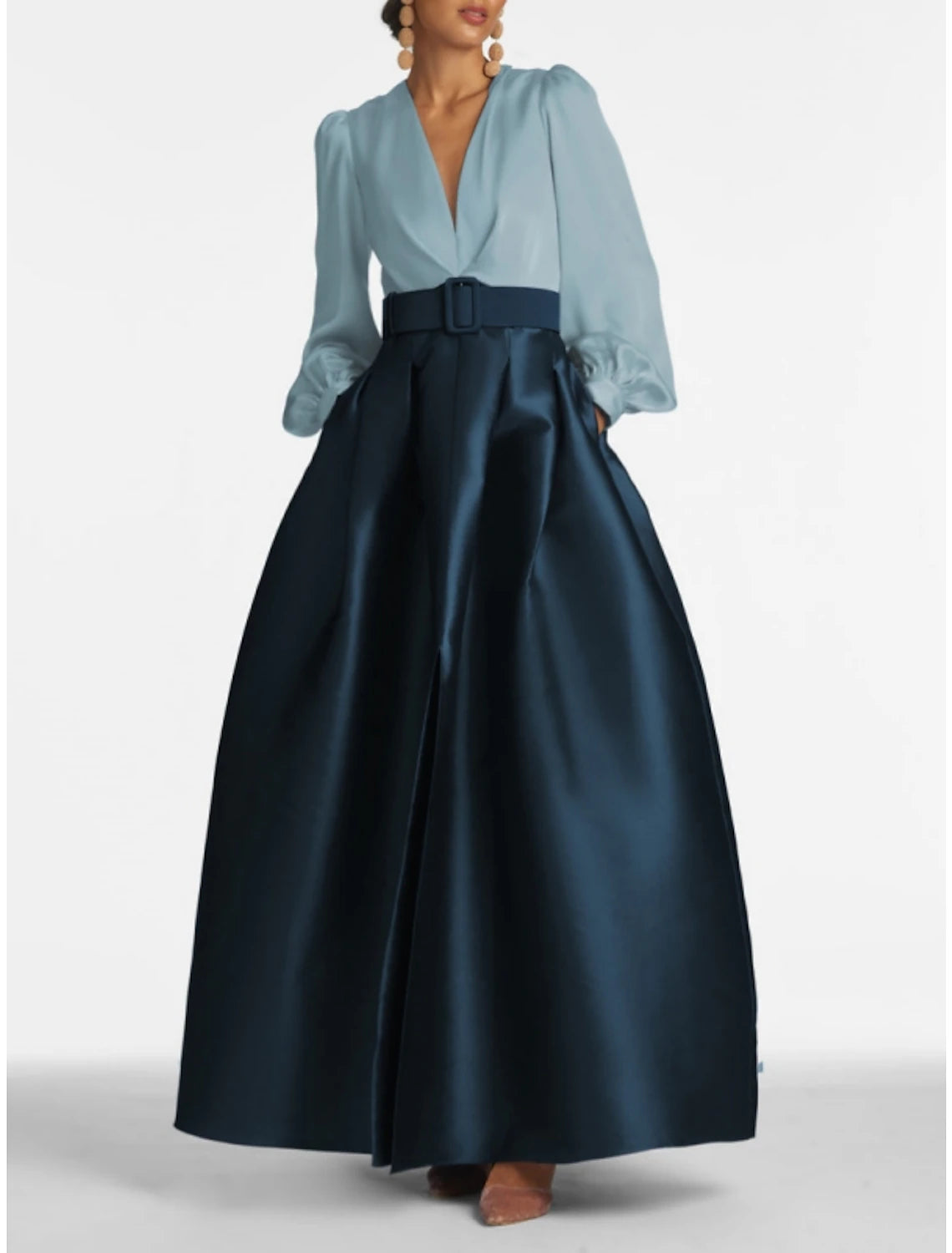 Abito da sera a trapezio con spacco alto, abito da cerimonia per invitati a nozze, lunghezza al pavimento, manica lunga, scollo a V, cintura/fascia in raso con spacco a pieghe