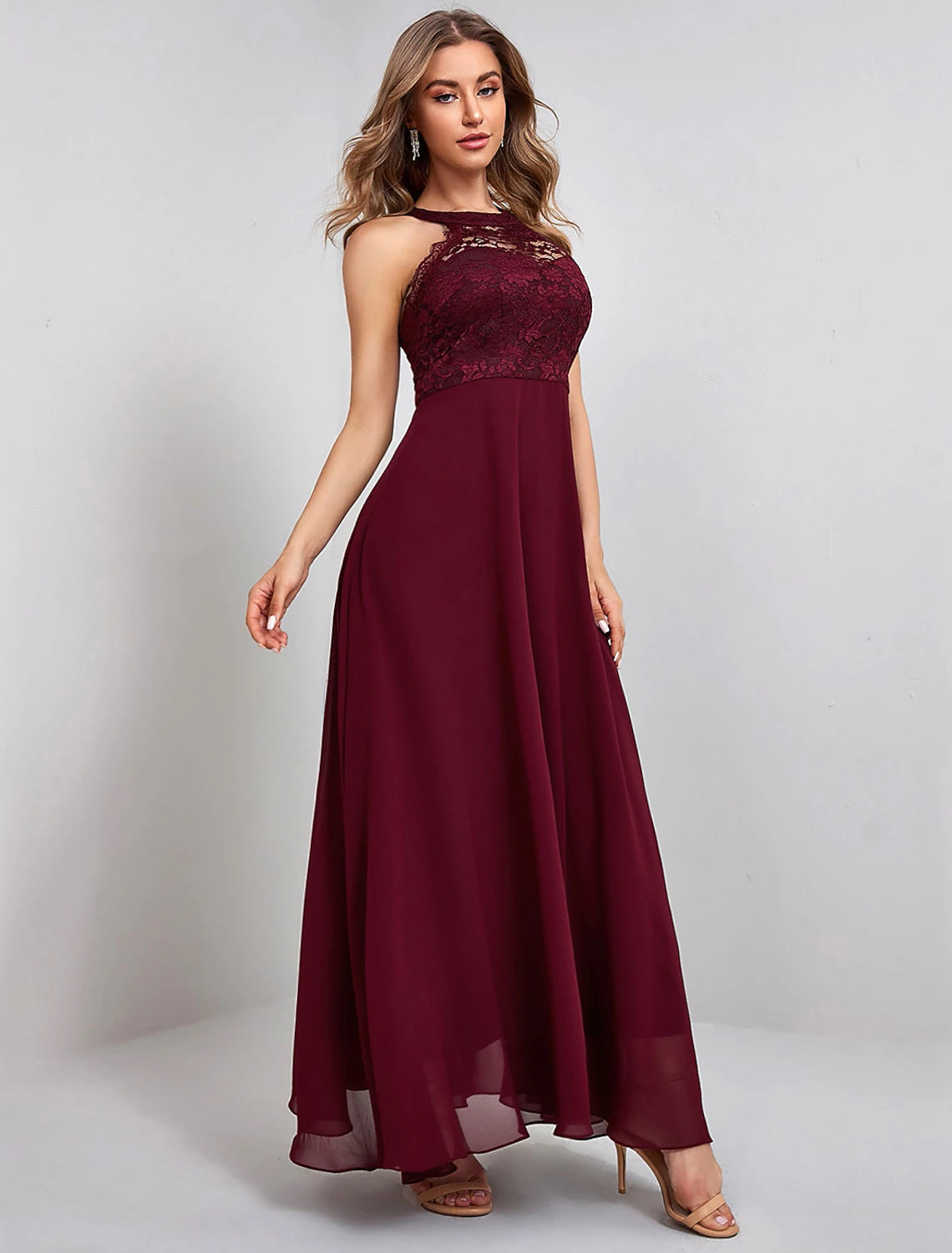 Burgundy Lace Halter A-Line Floor-Length Bridesmaid Dress