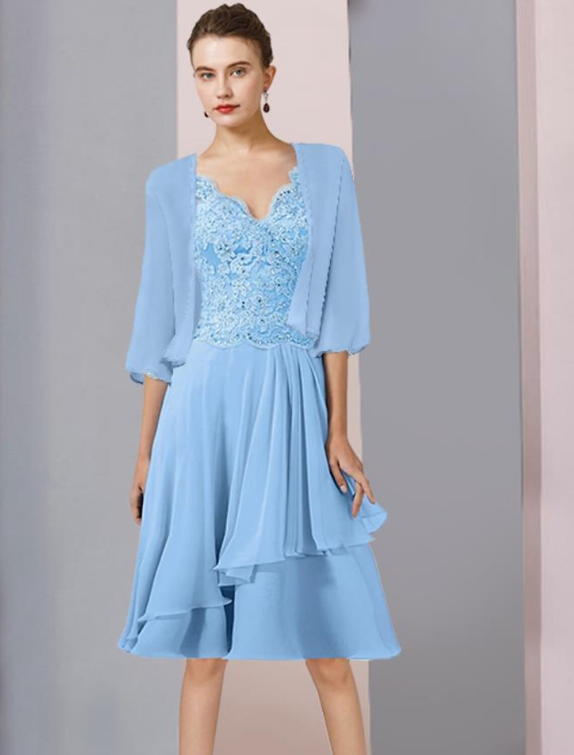 Pink Chiffon A-Line Knee-Length Evening Dress with V-Neck Neckline