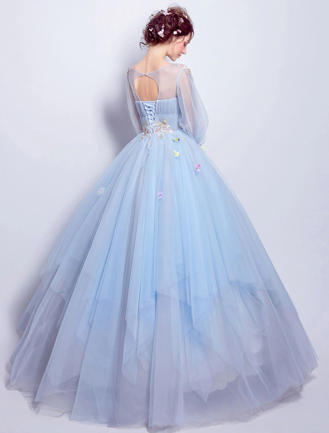 Sky Blue Tulle Ball Gown Floor-Length Dress with Illusion Neck & Floral Embroidery