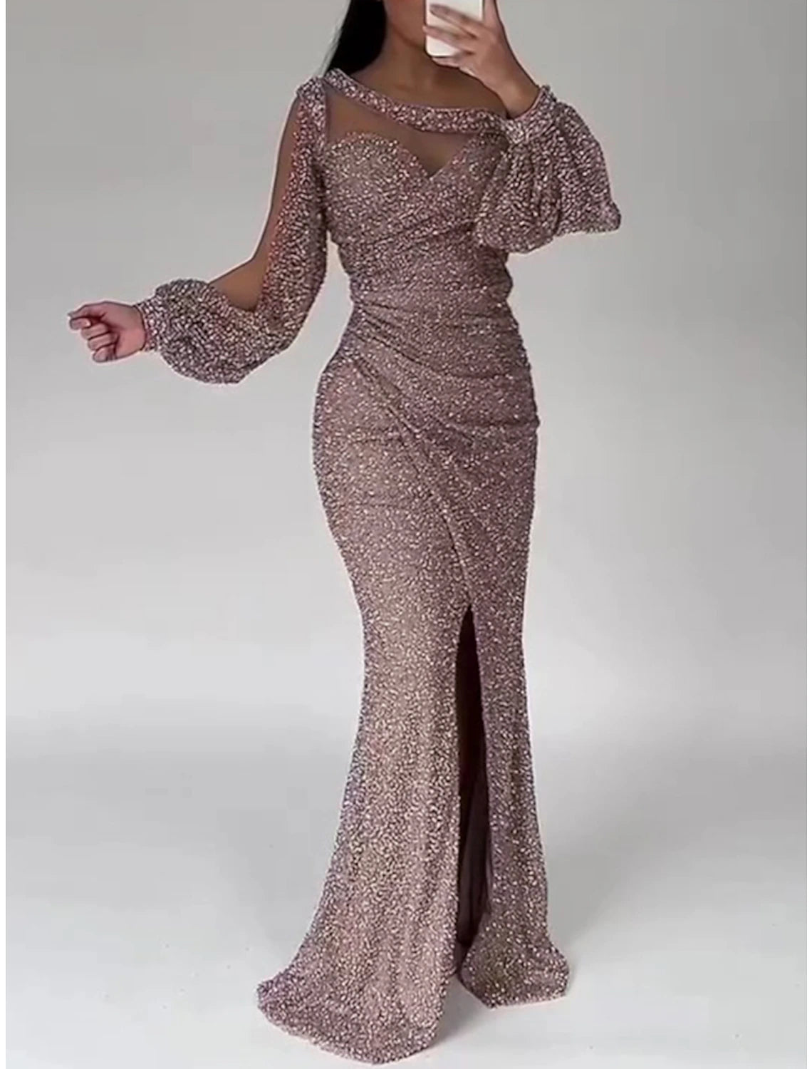 Mermaid Dress Evening Gown Champagne Gown Sparkle Sequin Dress Formal Floor Length Long Sleeve Scoop Neck with Ruched Slit
