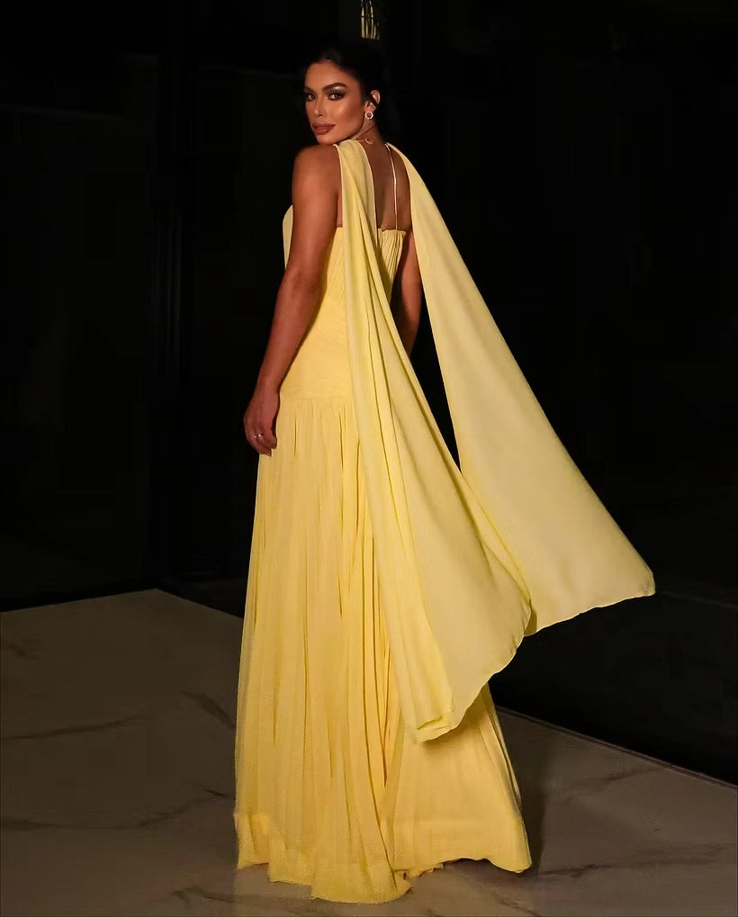 Yellow Chiffon A-Line Sweetheart Zipper Back Floor-Length Dress Back View - Jimiss