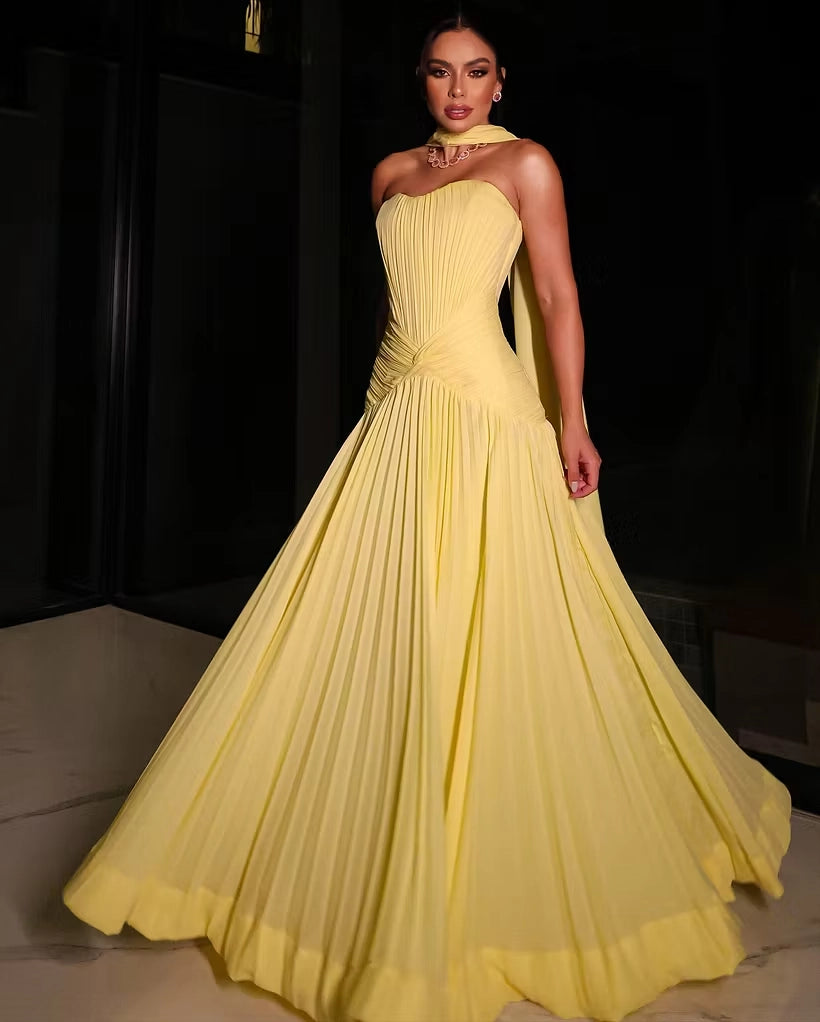 Yellow Chiffon A-Line Sweetheart Zipper Back Floor-Length Dress Detail - Jimiss