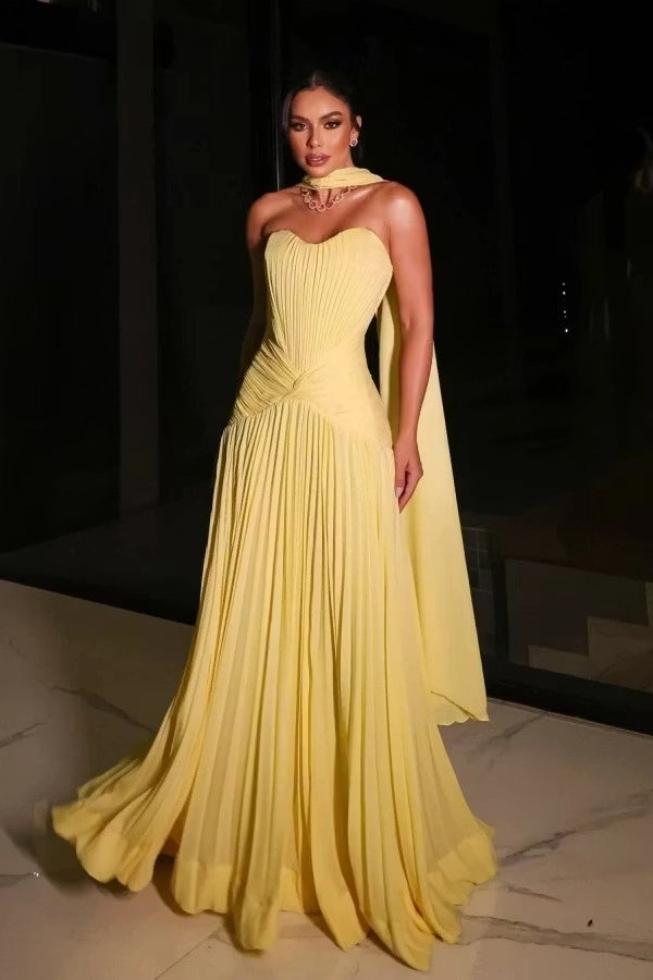 Yellow Chiffon A-Line Sweetheart Zipper Back Floor-Length Dress Front View - Jimiss