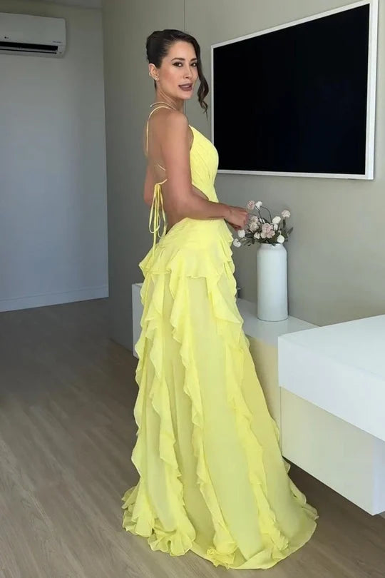 Yellow Chiffon A-Line V-Neck Backless Floor-Length Dress Back View - Jimiss