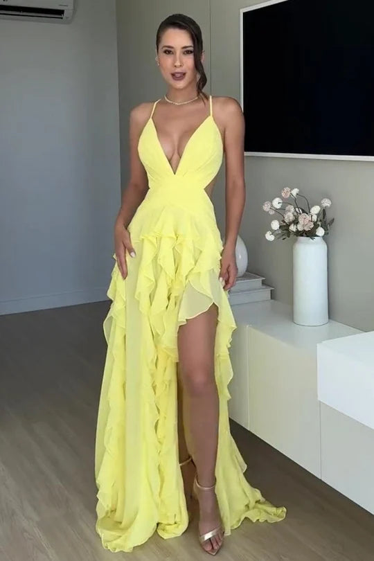 Yellow Chiffon A-Line V-Neck Backless Floor-Length Dress Front View - Jimiss