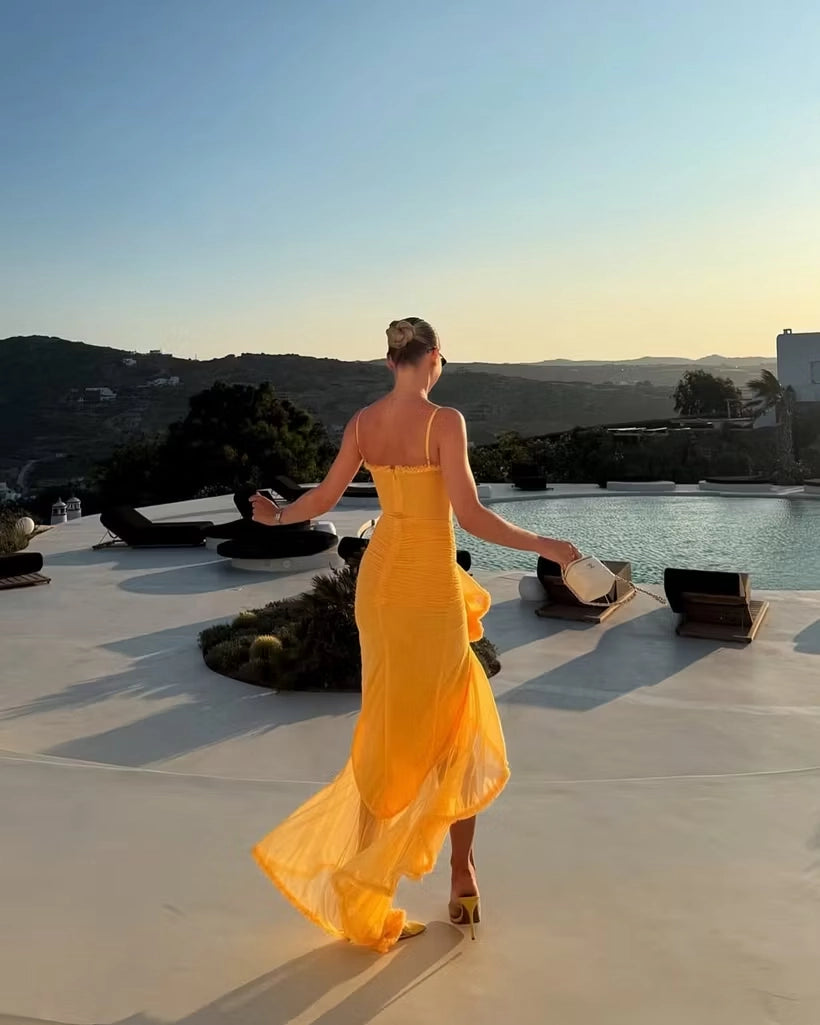 Yellow Chiffon sheath-column scoop-neck scoop-back high-low Dress Back View - Jimiss