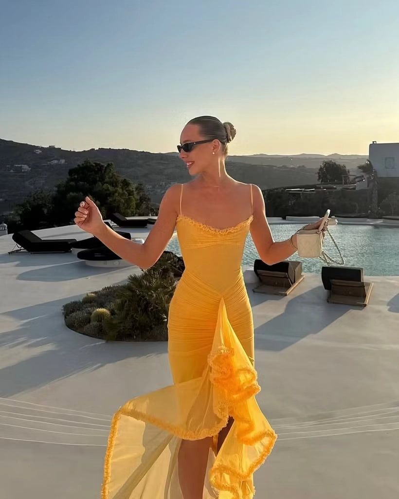 Yellow Chiffon sheath-column scoop-neck scoop-back high-low Dress Detail - Jimiss