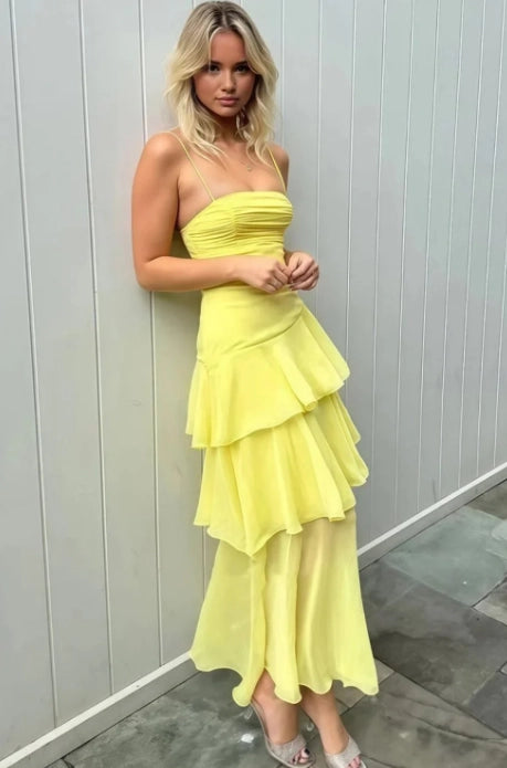 Yellow Chiffon Tiered Straight Across Lace Up Back Maxi Dress - Jimiss
