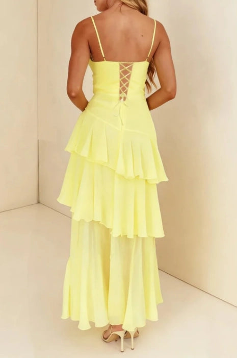 Yellow Chiffon Tiered Straight Across Lace Up Back Maxi Dress - Jimiss