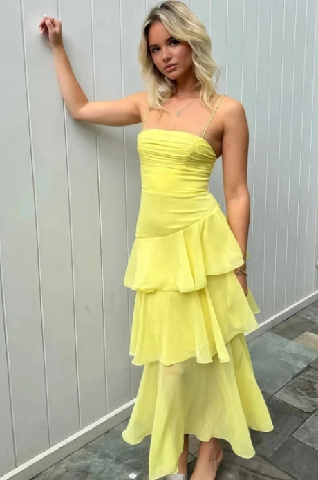 Yellow Chiffon Tiered Straight Across Lace Up Back Maxi Dress - Jimiss