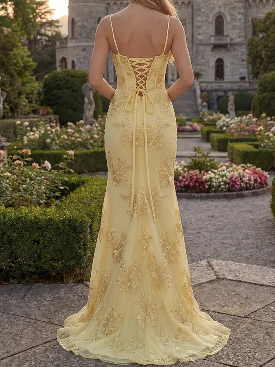 Yellow Embroidered Mesh Sheath/column Sweetheart Lace-up Floor-Length Dress - Jimiss