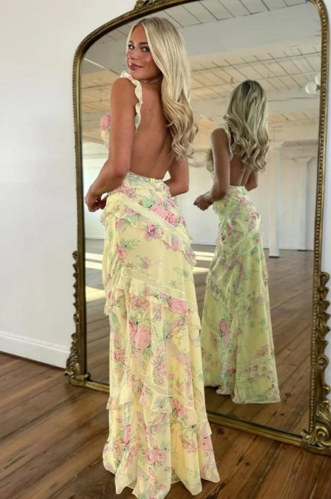 Yellow Floral Chiffon a-line sweetheart open-back floor-length Dress Back View - Jimiss