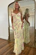 Yellow Floral Chiffon a-line sweetheart open-back floor-length Dress Front View - Jimiss