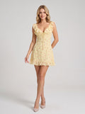 Yellow Floral Chiffon A-Line V-neck V-back with zipper closure Mini Dress Front View - Jimiss